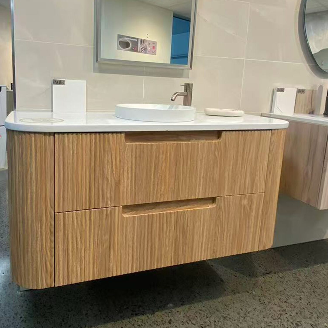 Aulic Varcelli Tier Wall Hung Harvest Oak Fluted Curved Cabinet 900X460X425mm & Cato Flat Stone Top