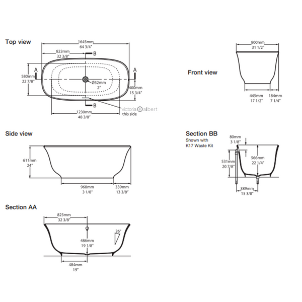 V+A Amiata Freestanding Bath No Overflow Quarrycast White 1645mm