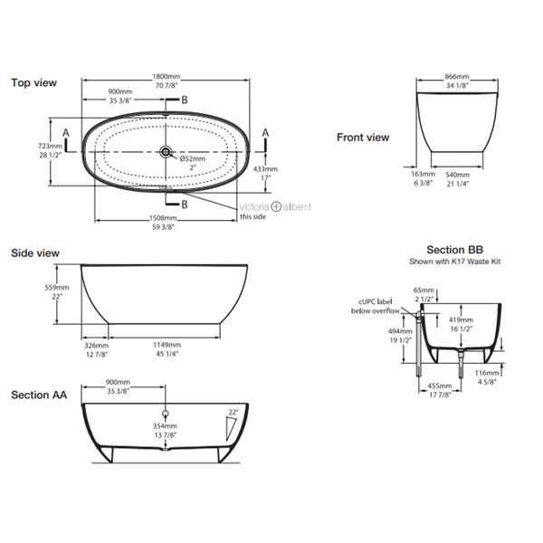 V+A Barcelona 3 Freestanding Bath With Void No Overflow Quarrycast White 1800mm