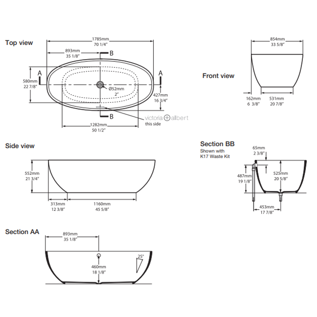 V+A Barcelona Freestanding Bath No Overflow Quarrycast White 1785mm