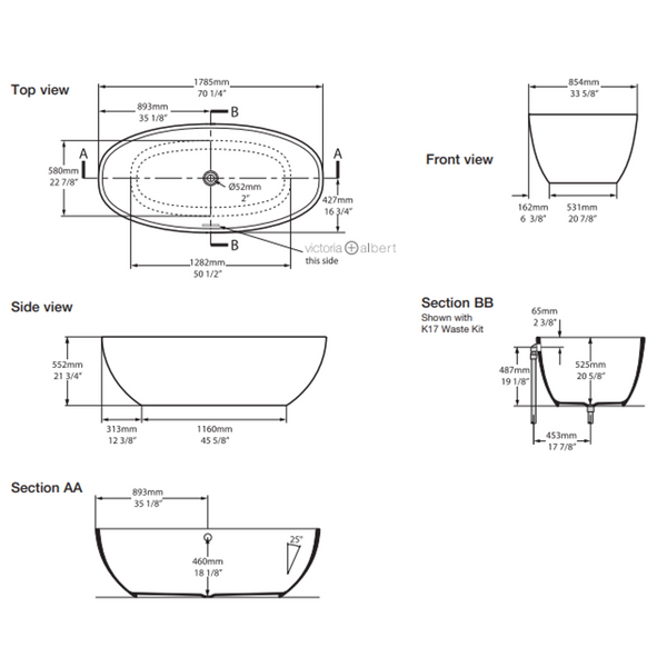 V+A Barcelona Matte Stone Freestanding Bath Quarrycast White Matte 1785mm