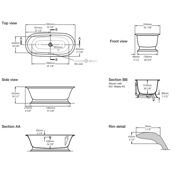 V+A Elwick Freestanding Bath Quarrycast White 1902mm