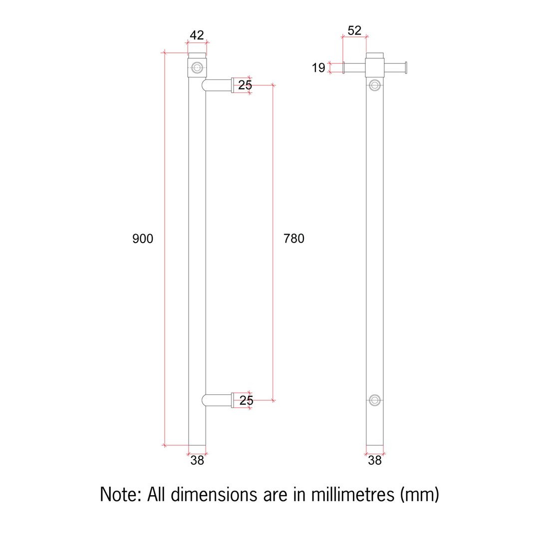 THERMORAIL STRAIGHT/ROUND 12VOLT VERTICAL BAR 900X142X100MM 22WATTS OPTIONAL HOOK - BRUSHED BRONZE