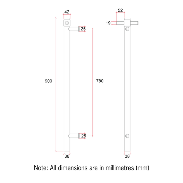THERMORAIL STRAIGHT/ROUND 12VOLT VERTICAL BAR 900X142X100MM 22WATTS OPTIONAL HOOK - BRUSHED BRONZE