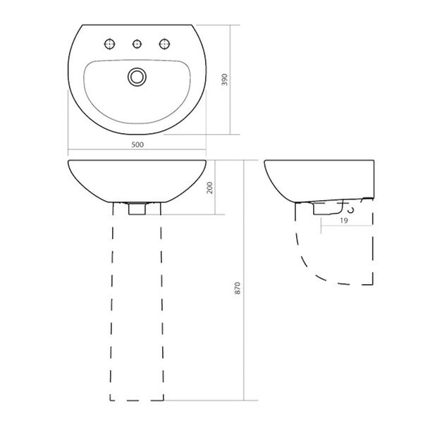 Stylus Venecia Wall Basin 500 X 390mm 1 Tap Hole White