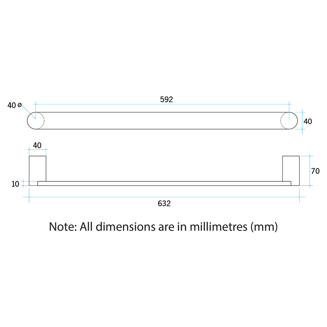 Thermorail Flat Pill Single Rail 632X40X70mm 13Watts - Polished Stainless Steel