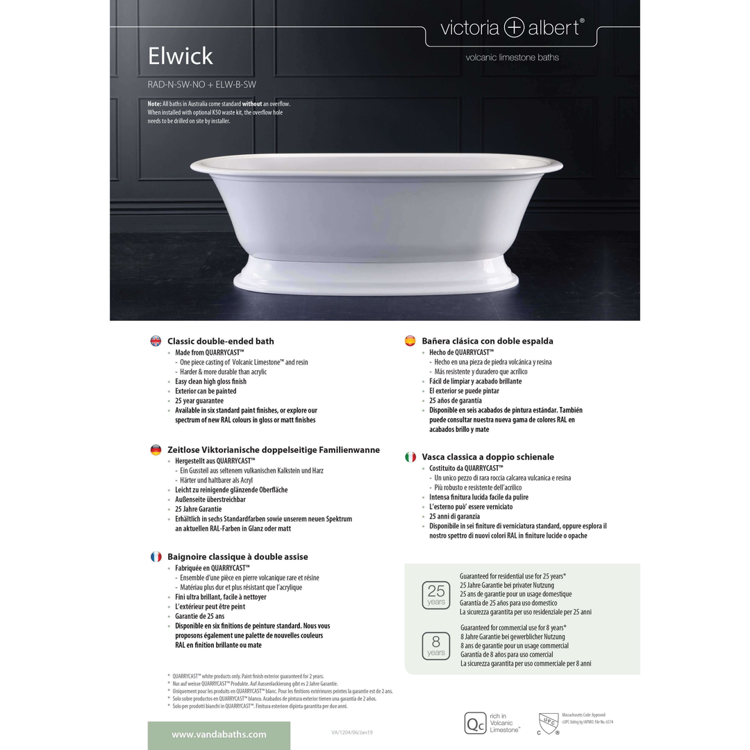 V+A Elwick Freestanding Bath Quarrycast White 1902mm