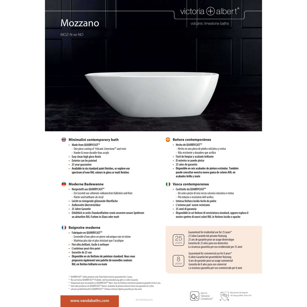 V+A Mozzano Freestanding Bath No Overflow Quarrycast White 1645mm