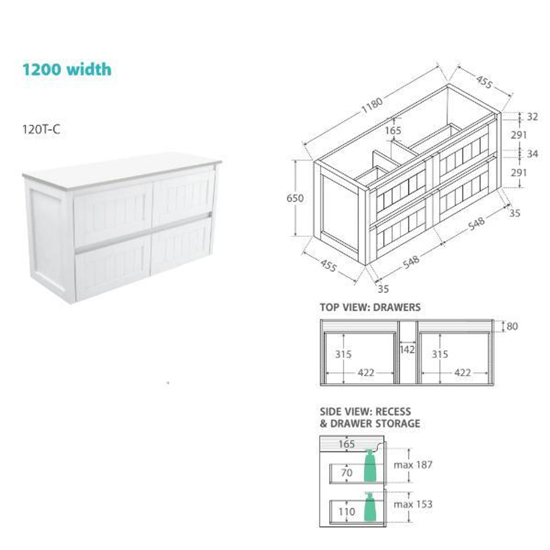Fienza Rotondo Ceramic 1200 Hampton Wall Hung Cabinet 1 Tap Hole