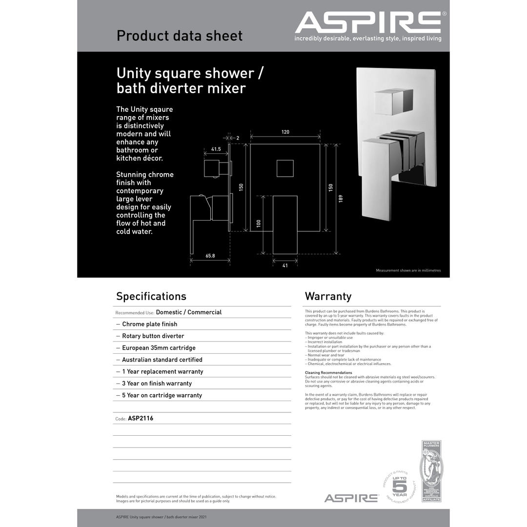 Aspire Unity **Square** Shower Mixer W/ Diverter Chrome