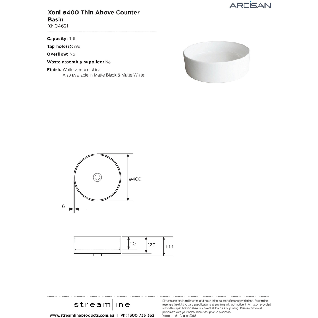 Streamline Arcisan Xoni Thin Round Above Counter Basin 400mm - Dia White