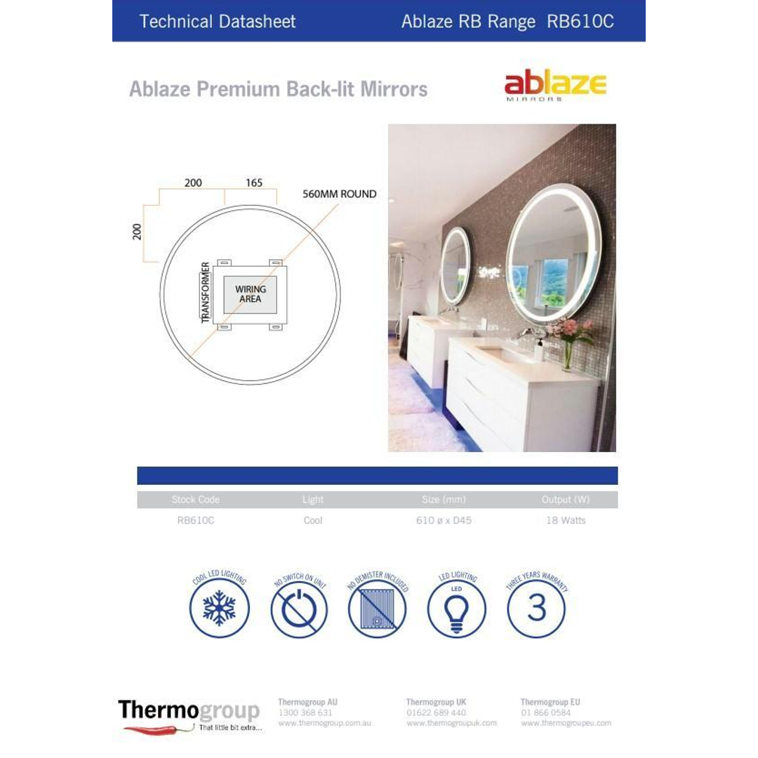 Thermogroup Backlit Round Mirror with Border Cool 610mmØ 18Watts
