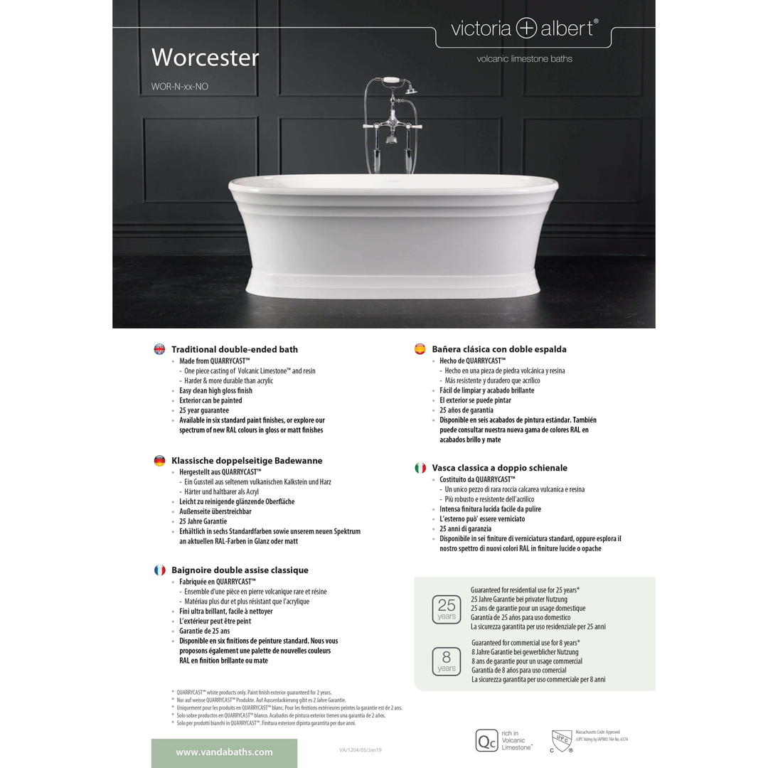 V+A Worcester Freestanding Bath No Overflow Quarrycast White 1797mm