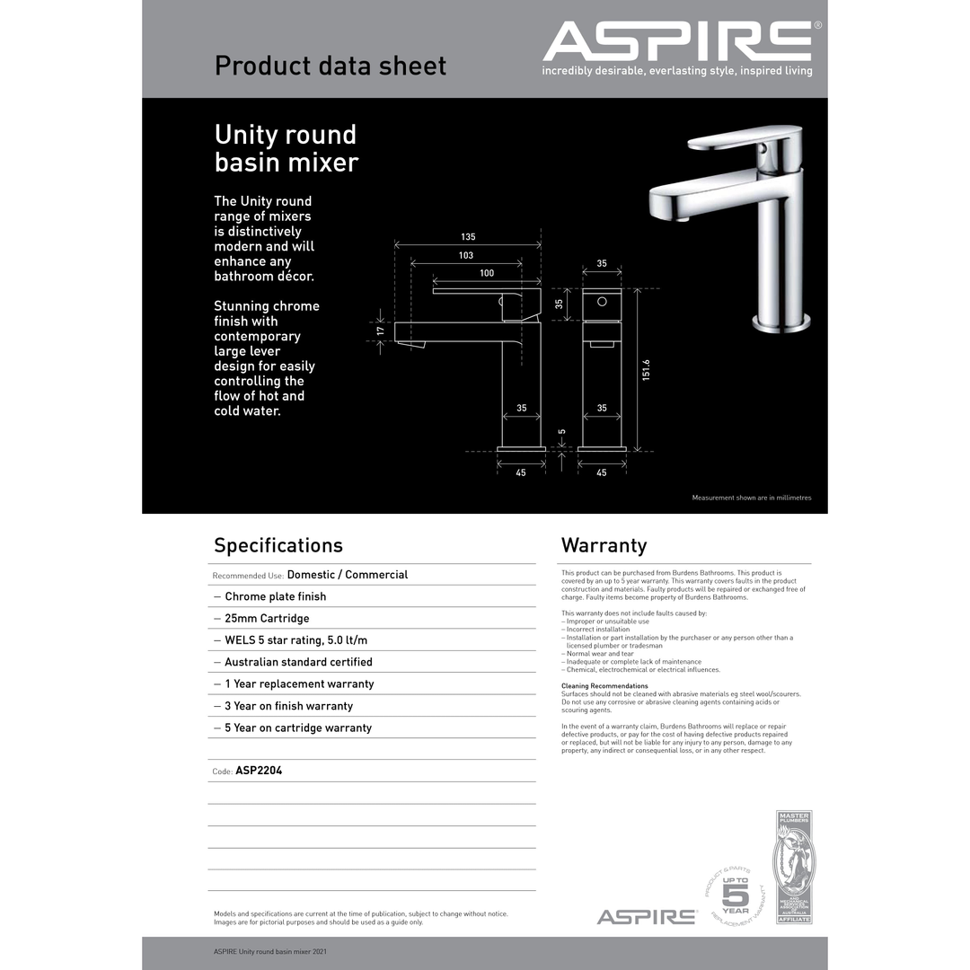 Aspire Unity **Round** Basin Mixer Chrome
