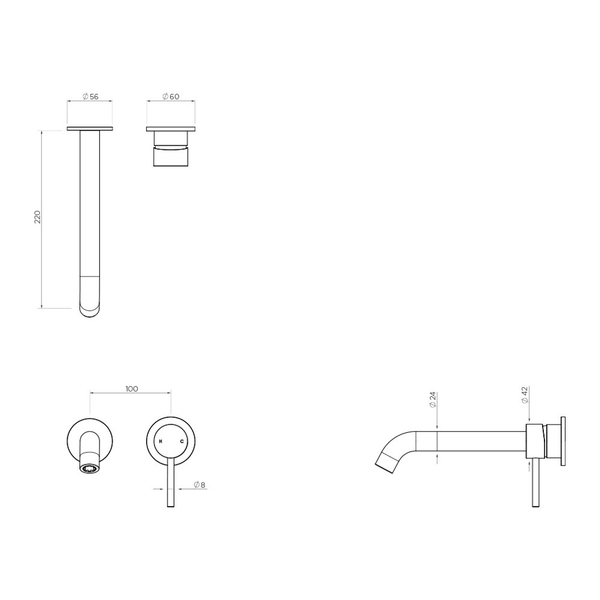 Streamline Axus Pin Wall Mount 220Mm X 22Mm Dia Spout Basin Mixer Brushed Iron Pvd