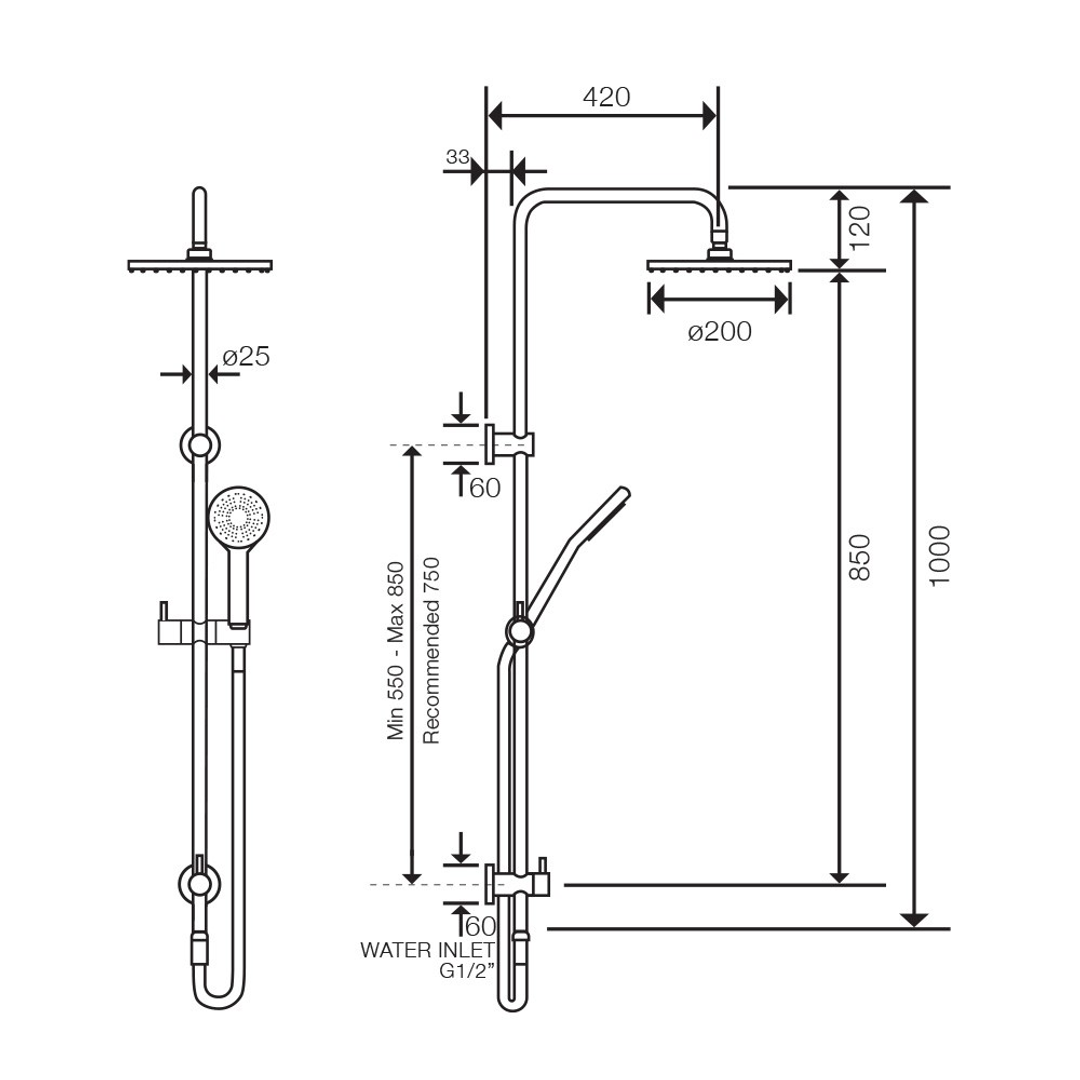 Streamline Axus Shwr Column W.Slide Rail & H/Shwr Bottom Diverter - Satin Nickel PVD