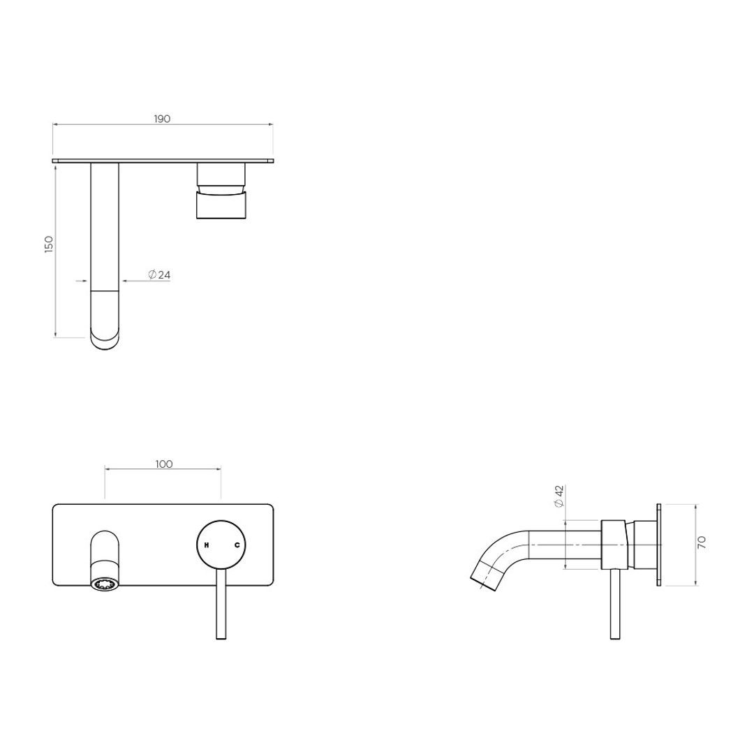 Streamline Axus Pin Wall Mounted Basin/Bath Mixer Brush Brass 150mm Spout *External Only*