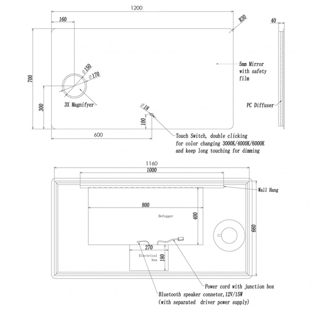 Eneo Mirror With Magnifier Dimmable Backlit Touch Switch Demister 1200 X 700Mm