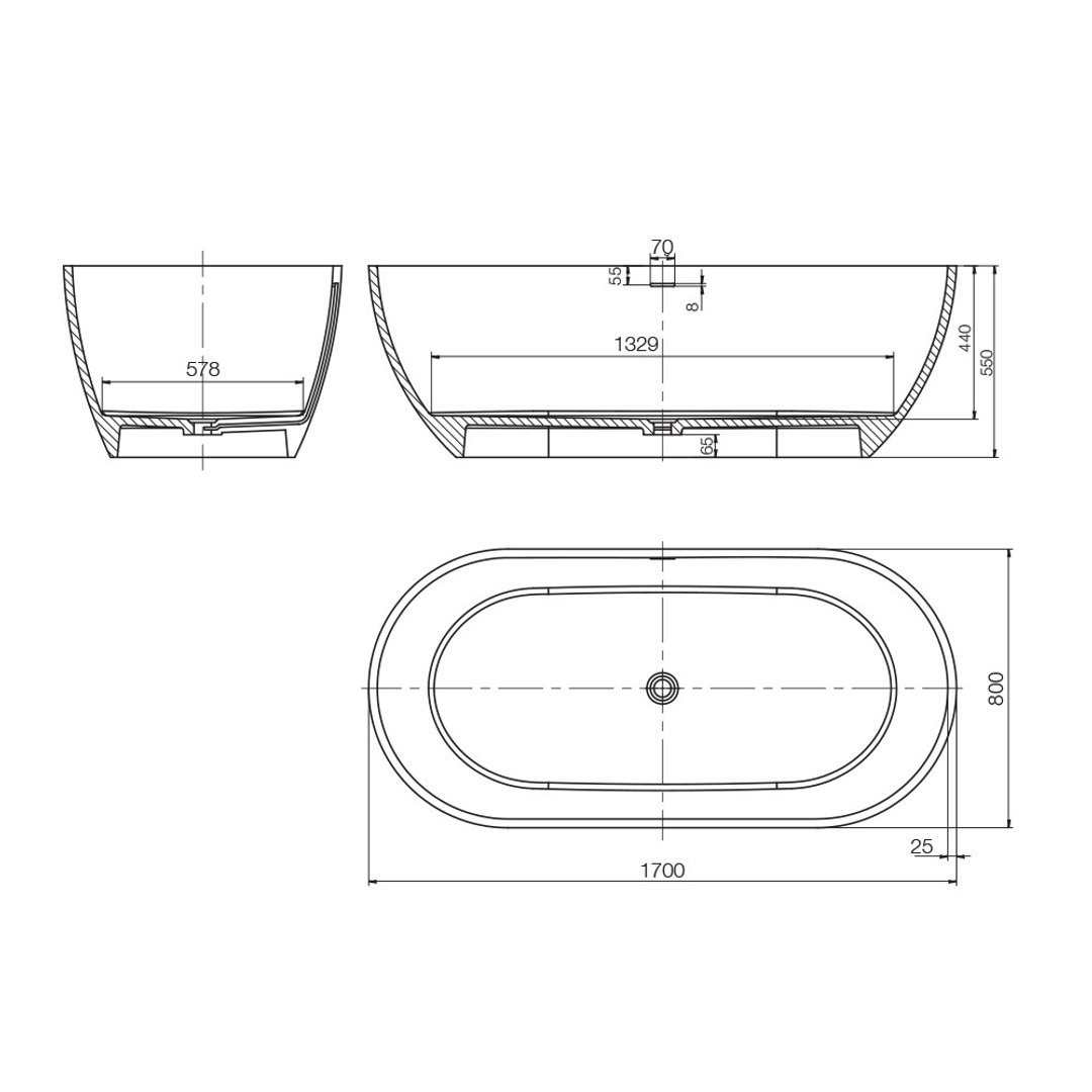 Arcisan Synergii Solid Surface Bath With O/F 1700 Matt Wht