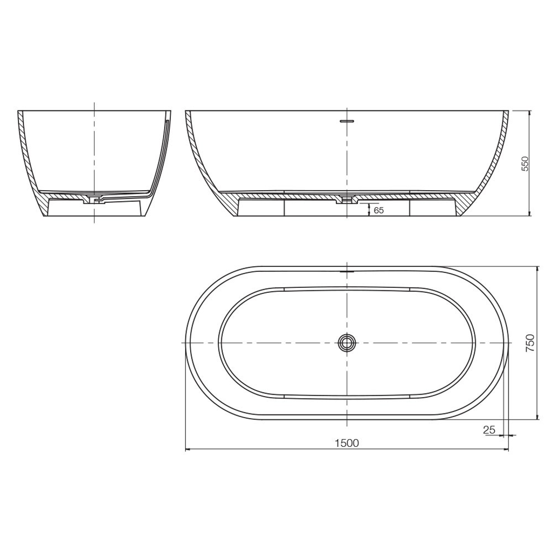 ARCISAN SYNERGII SOLID SURFACE BATH WITH O/F 1500 MATT BLACK