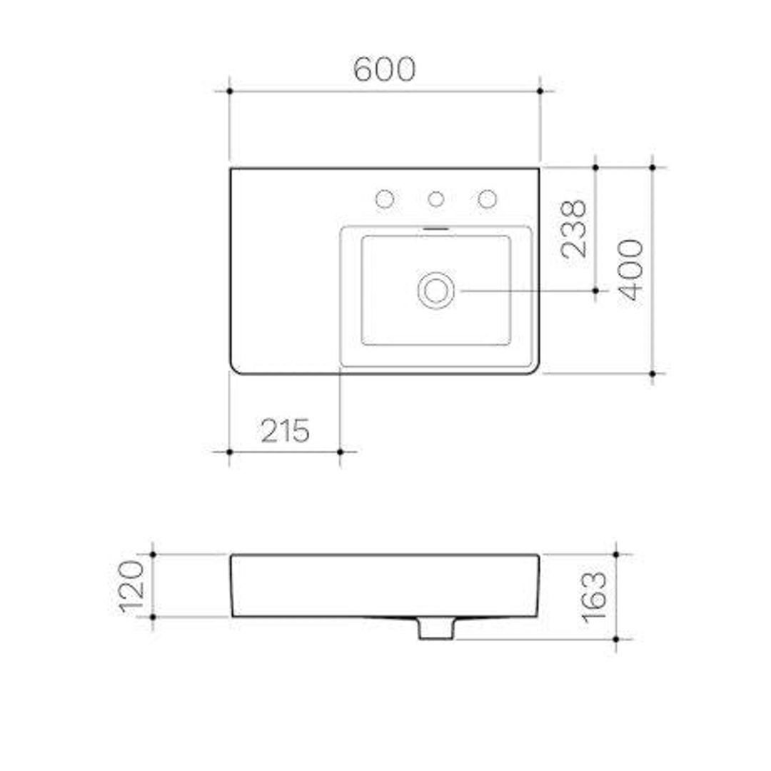 Clark Square Wall Basin Left Hand Shelf 600mm One Taphole