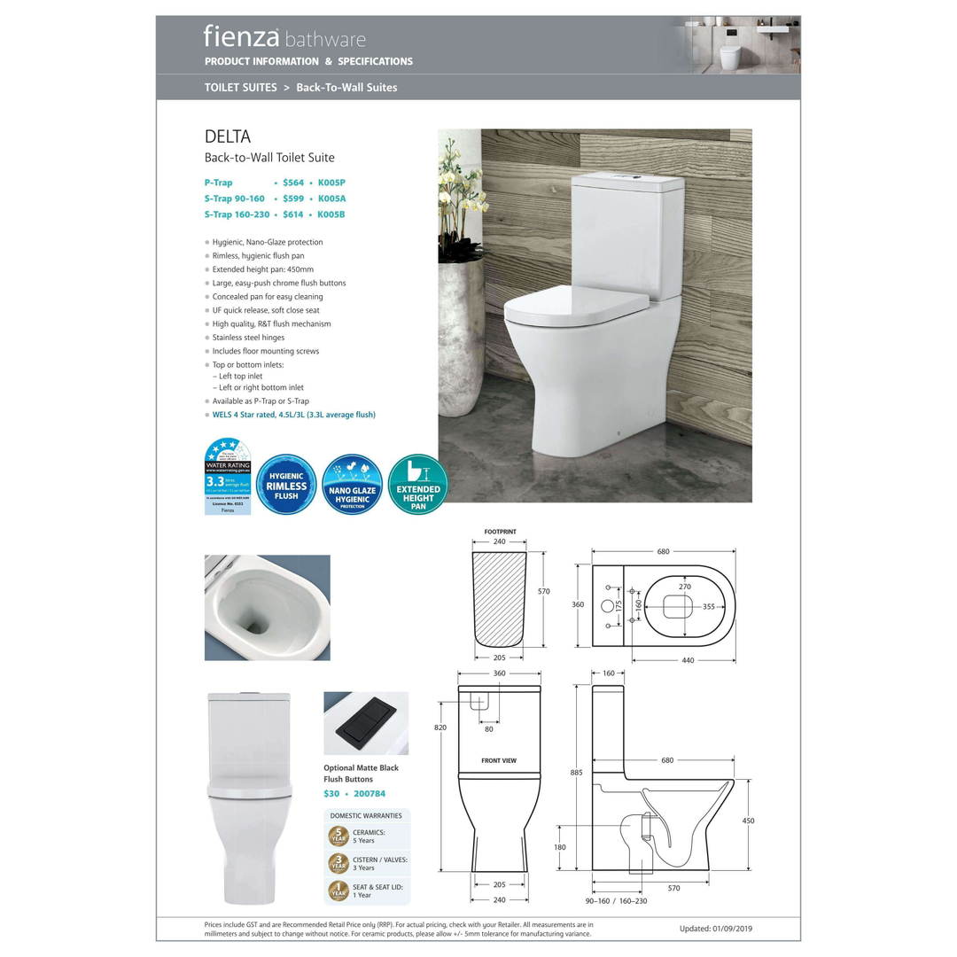 Fienza Delta Toilet Suite S Trap 90-160 Back To Wall Nano Glaze K005A
