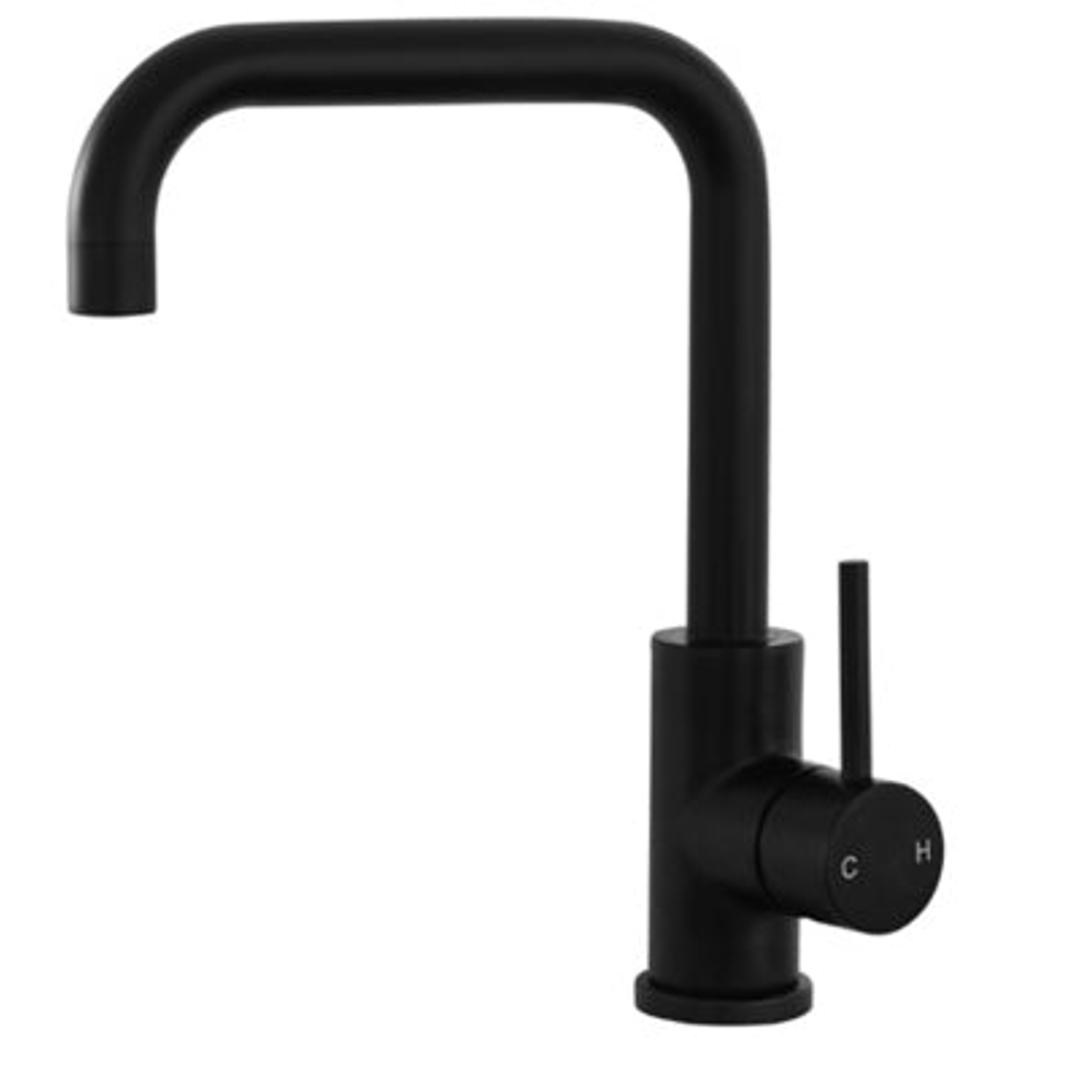 Milan Round Pin Lever 'Squared Neck' Gooseneck Sink Mixer - Black