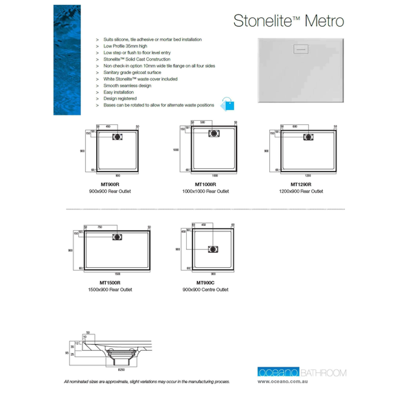 Oceano Stonelite Metro Base Rear Outlet White Waste Cover 900 X 900