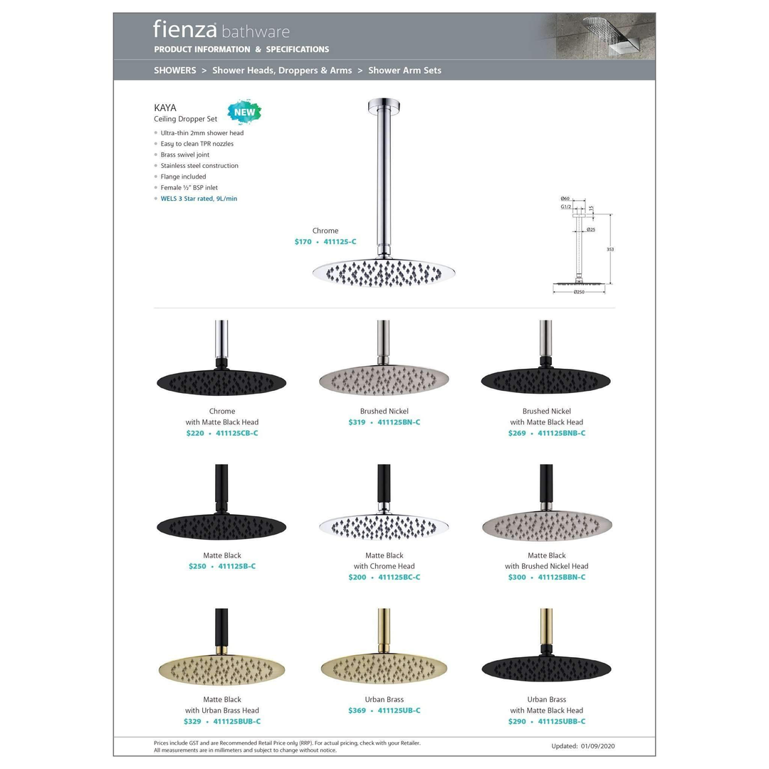 Fienza Kaya Shower Ceiling Dropper Set - Matte Black