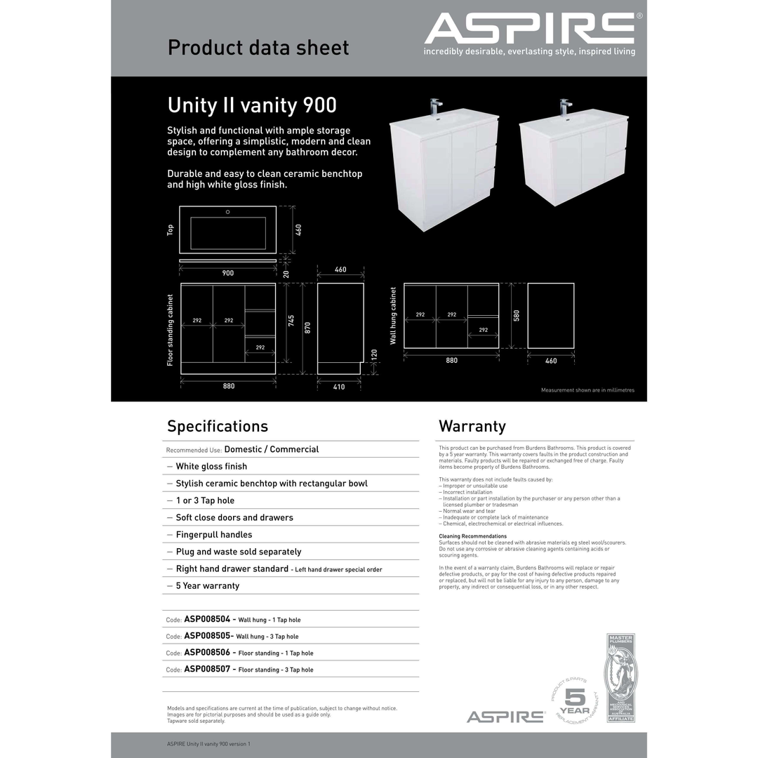 Aspire Unity II 900 Wall Hung Vanity 1 Tap Hole C/Q Sq Ceramic Top White