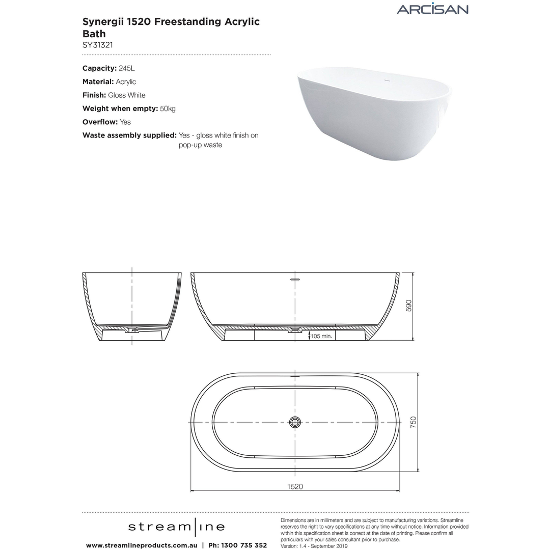 Arcisan Synergii F/Standing Bath Acrylic Gloss White 1500mm