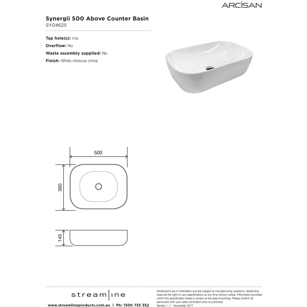 Streamline Arcisan Synergii Above Counter Basin - 500mm X 390mm