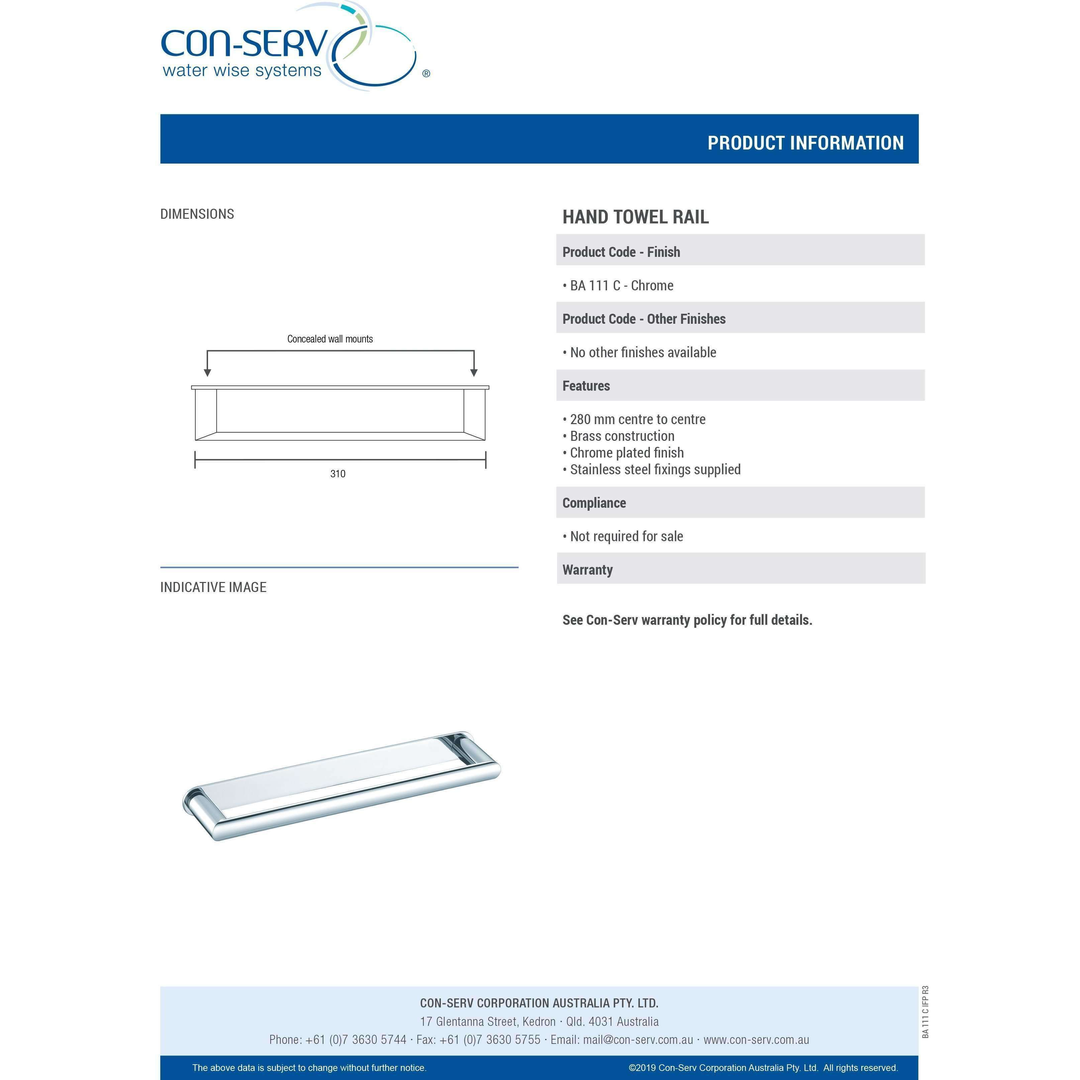 Con-Serv 100 Series Hand Towel Rail 310mm Chrome Ba111C