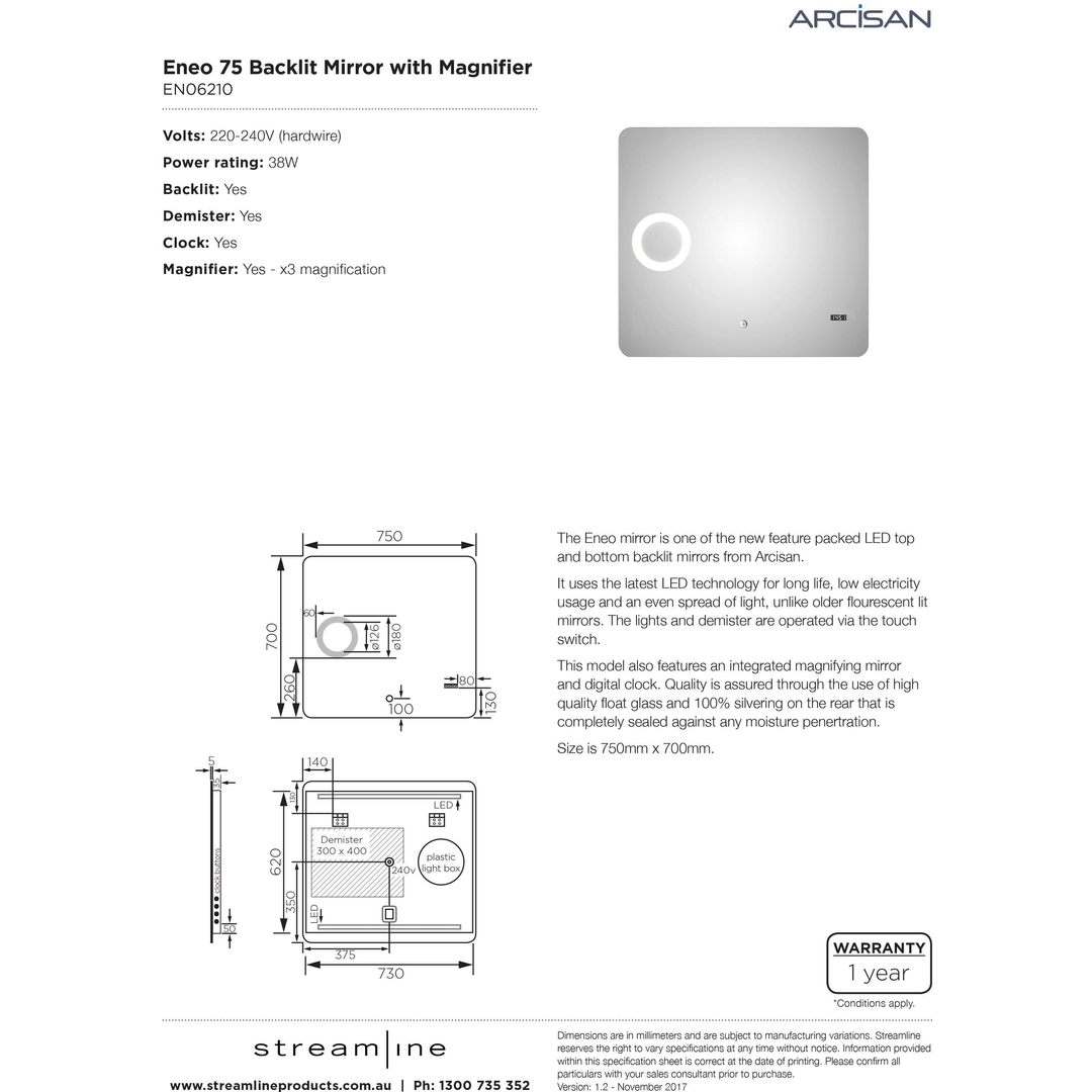 Arcisan Eneo Mirror Magnifier Backlit Top And Bottom Touch Switch