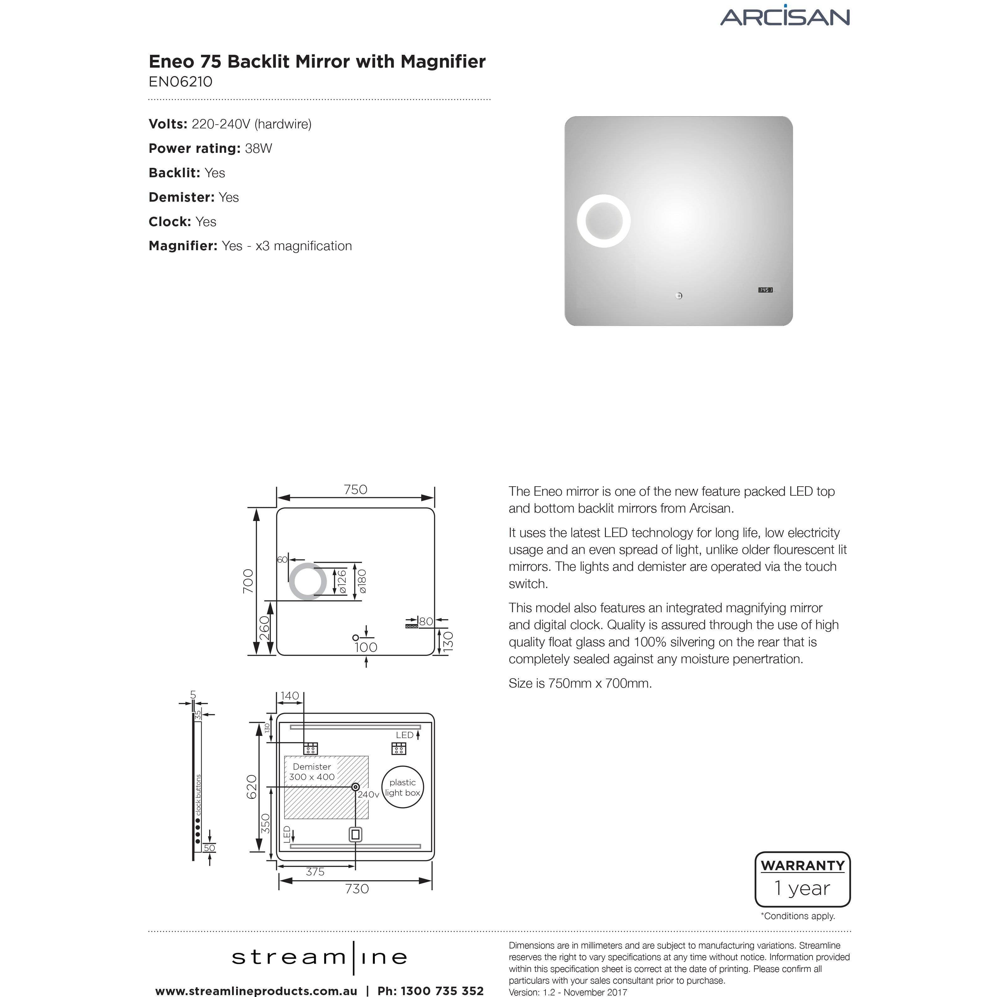 Arcisan Eneo Mirror Magnifier Backlit Top And Bottom Touch Switch - Burdens Plumbing