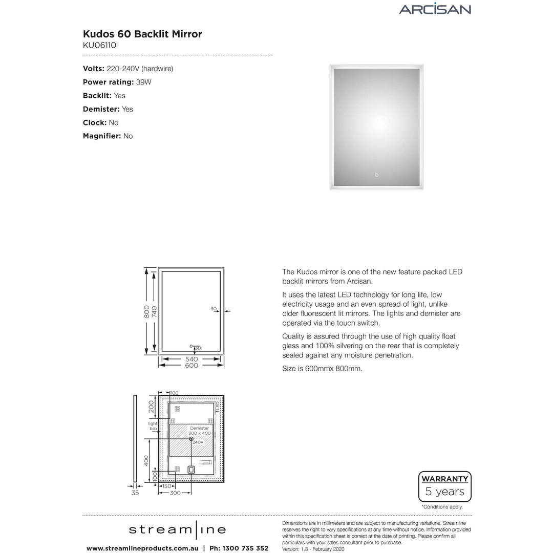 Arcisan Kudos Backlit Mirror 600 X 800 Recessed Frame With Demister