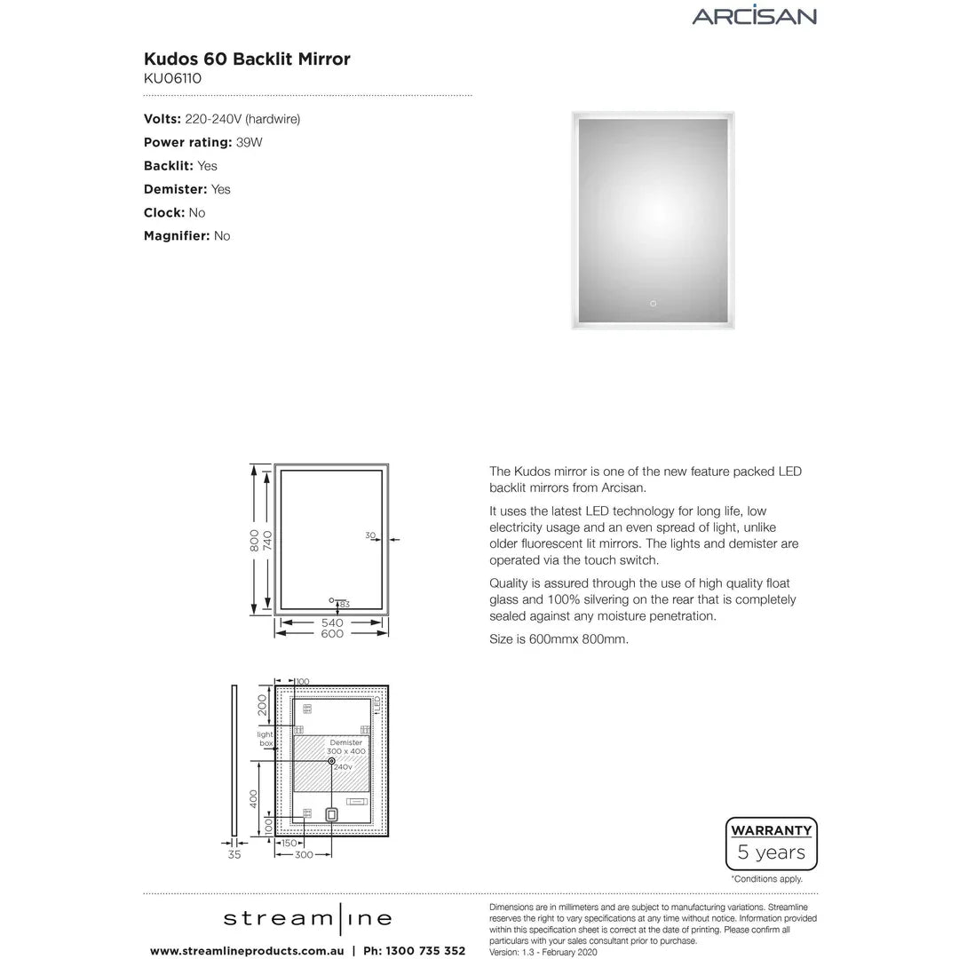 Arcisan Kudos Backlit Mirror 600 X 800 Recessed Frame With Demister - Burdens Plumbing