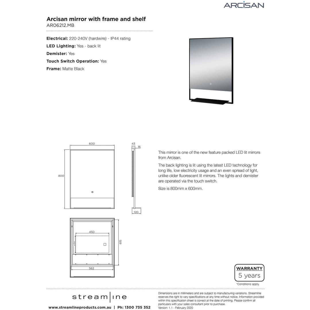 Arcisan Mirror With Frame & Shelf Led Side Touch Switch Matte Black