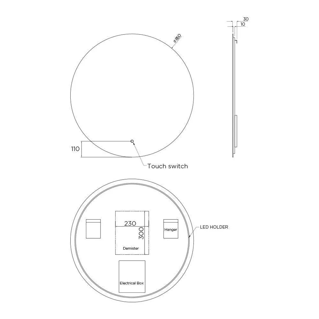 Arcisan Plaza Round Mirror Backlight Touch Switch Demister 850mm - Burdens Plumbing