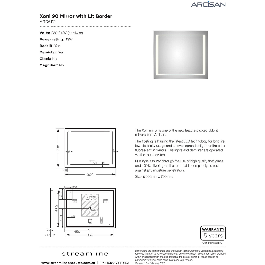 Arcisan Xoni Mirror Illuminated Frosting Touch Switch Demister