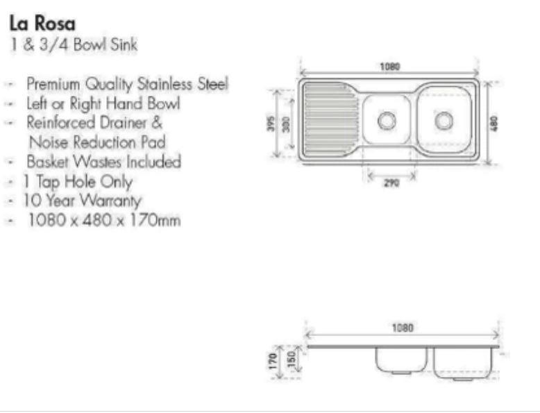 Aspire La Rosa 1 3/4 Bowl 1080X480 S/Steel Sink 1Th Right Hand B - Burdens Plumbing
