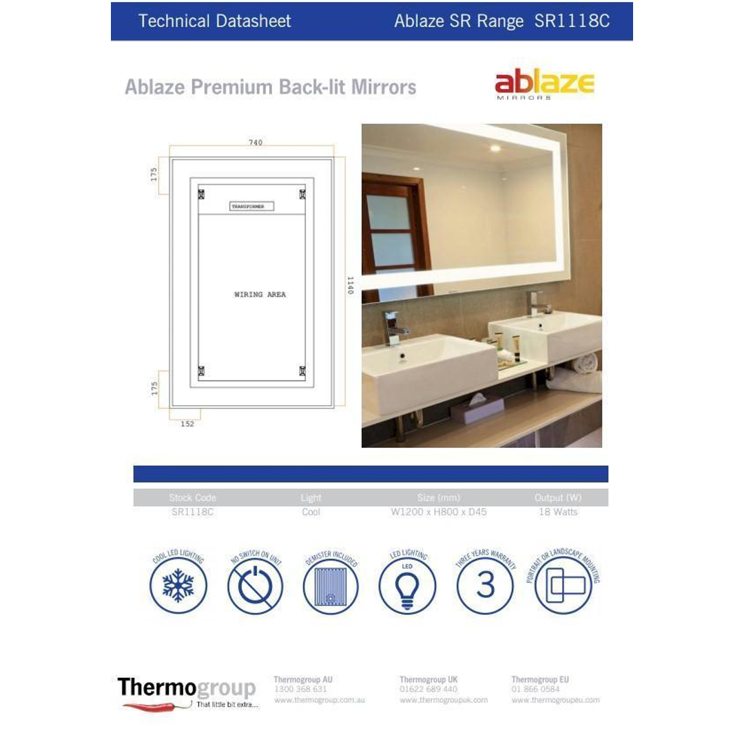 Thermogroup Backlit Rectangular Mirror With Border Cool Light Includes Mirror Demister - 1200x800x45mm 66Watts