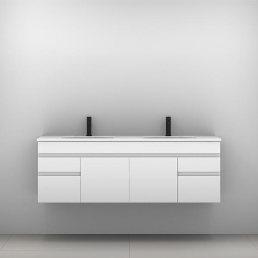 Indiana Vanity 1500mm Alpha Double Bowl Ceramic Top Wall Hung(Timberln P#:I152Aw)