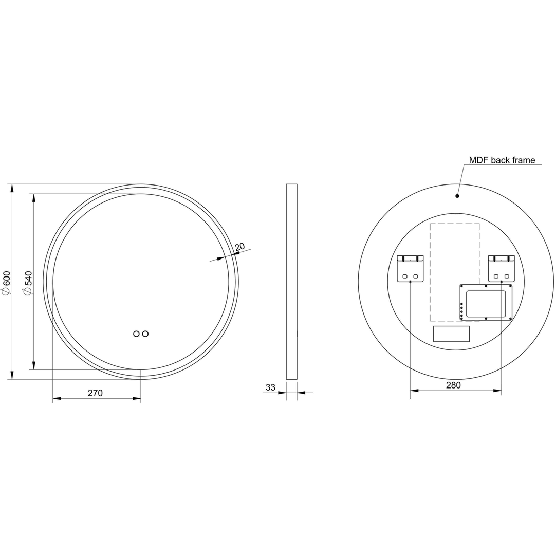 Remer Eclipse 600 Black Led Mirror 600W X 600H X 33D E60D-Mb