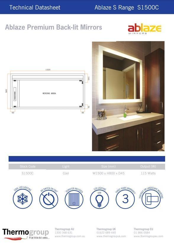 Bcklit Sq Mirror W'Out Border Cool 900X900X45mm 68W-Incl Mirror Demister(Thermogrp - Burdens Plumbing