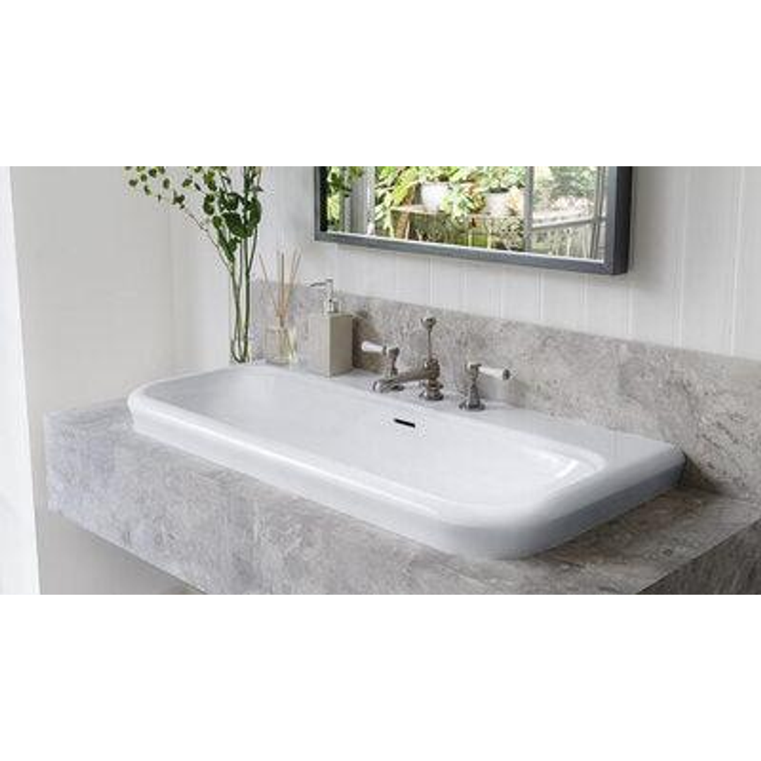 V+A Lario 100 Solo Recessed Basin Internal Overflow 3 Tap Hole Quarrycast White