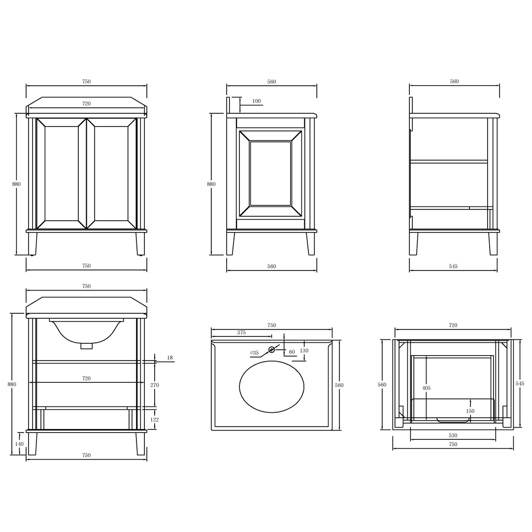 T&H Coventry 75 X 55 Satin White Vanity Real Marble Top & Ceramic U/C Basin