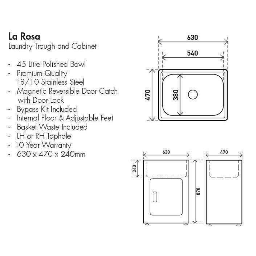 Aspire La Rosa 45 Lt Metal Cabinet And Tub C/W Bypass S/Steel