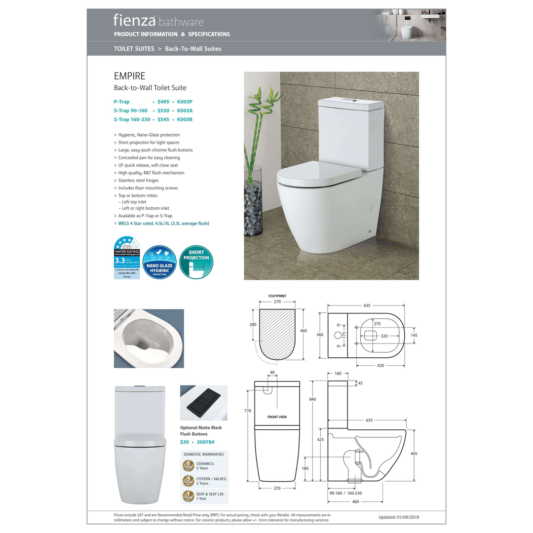 Fienza Empire S Trap 90- 160 Btw Toilet Suite K003A