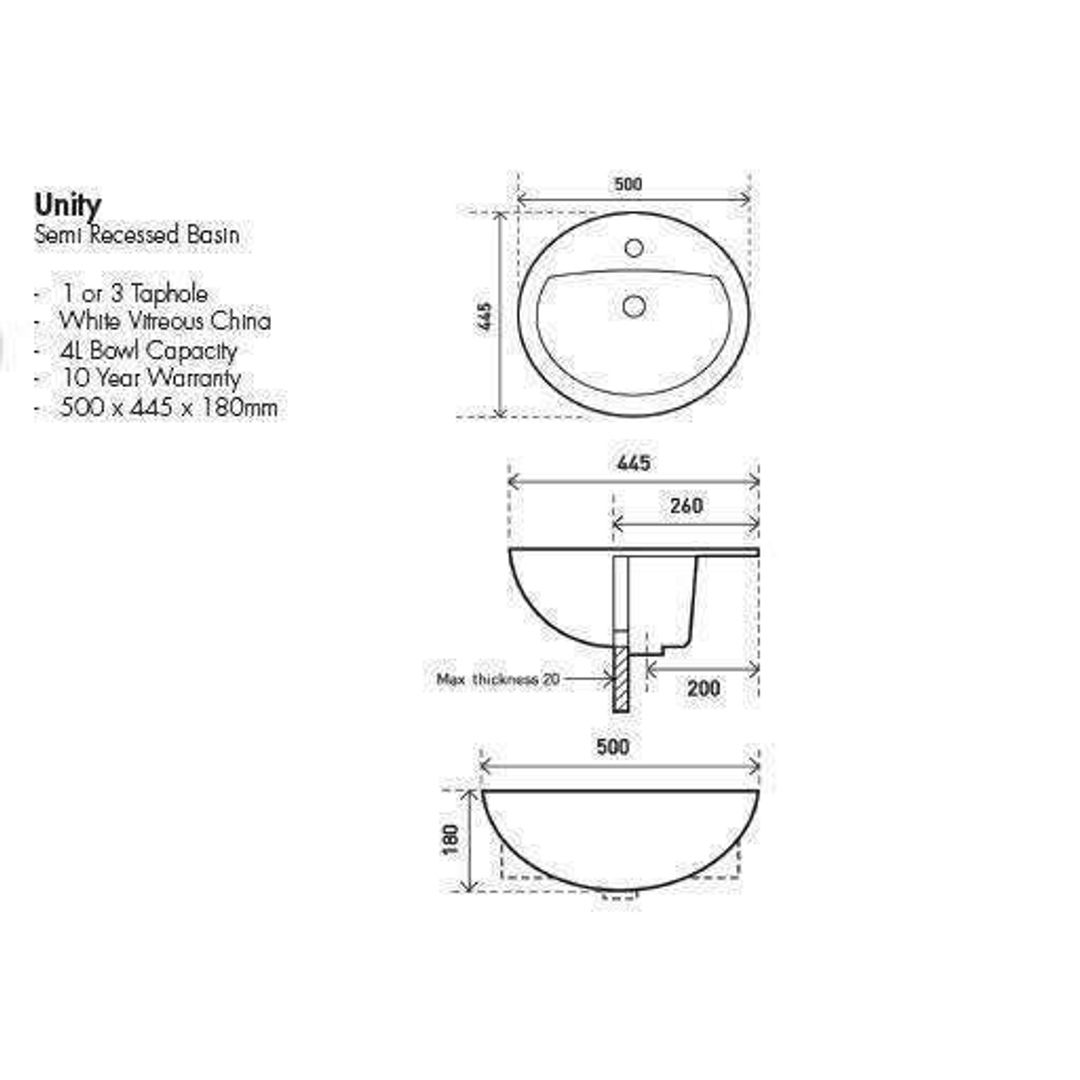 Aspire Unity Semi-Recess Round Basin 500X445 1 Tap Hole White **Sbc-205*